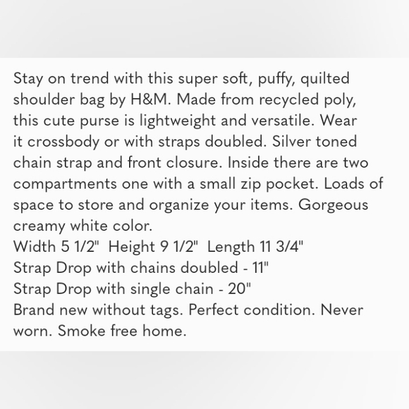 ✨️H&M WHITE QUILTED CROSSBODY FLAP BAG ✨️WHITE WITH SILVER ✨️ LIKE NEW - Picture 9 of 9